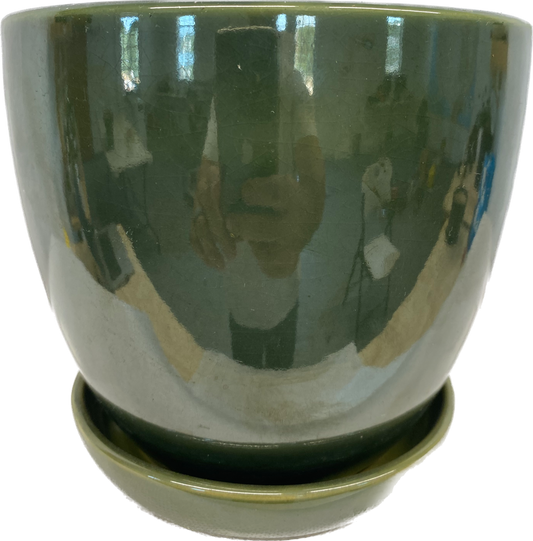 BELL FLORAL GLAZED POT WITH SAUCER - FIELD GREEN