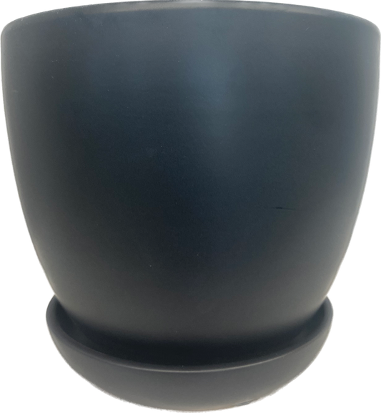 BELL FLORAL GLAZED POT WITH SAUCER - MATTE BLACK