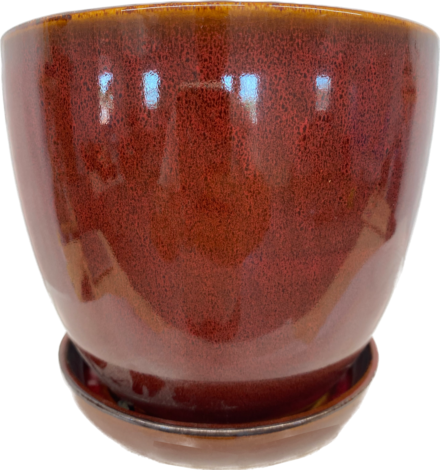 BELL FLORAL GLAZED POT WITH SAUCER - RED