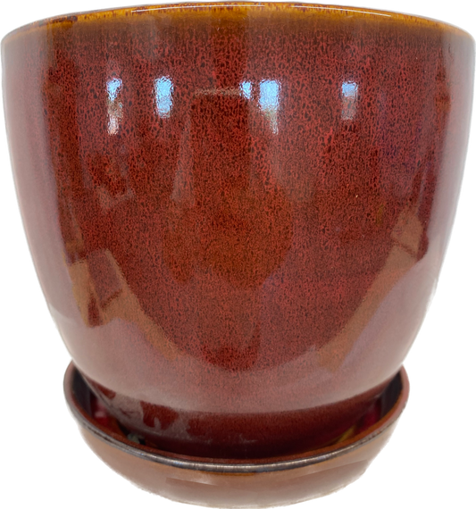 BELL FLORAL GLAZED POT WITH SAUCER - RED