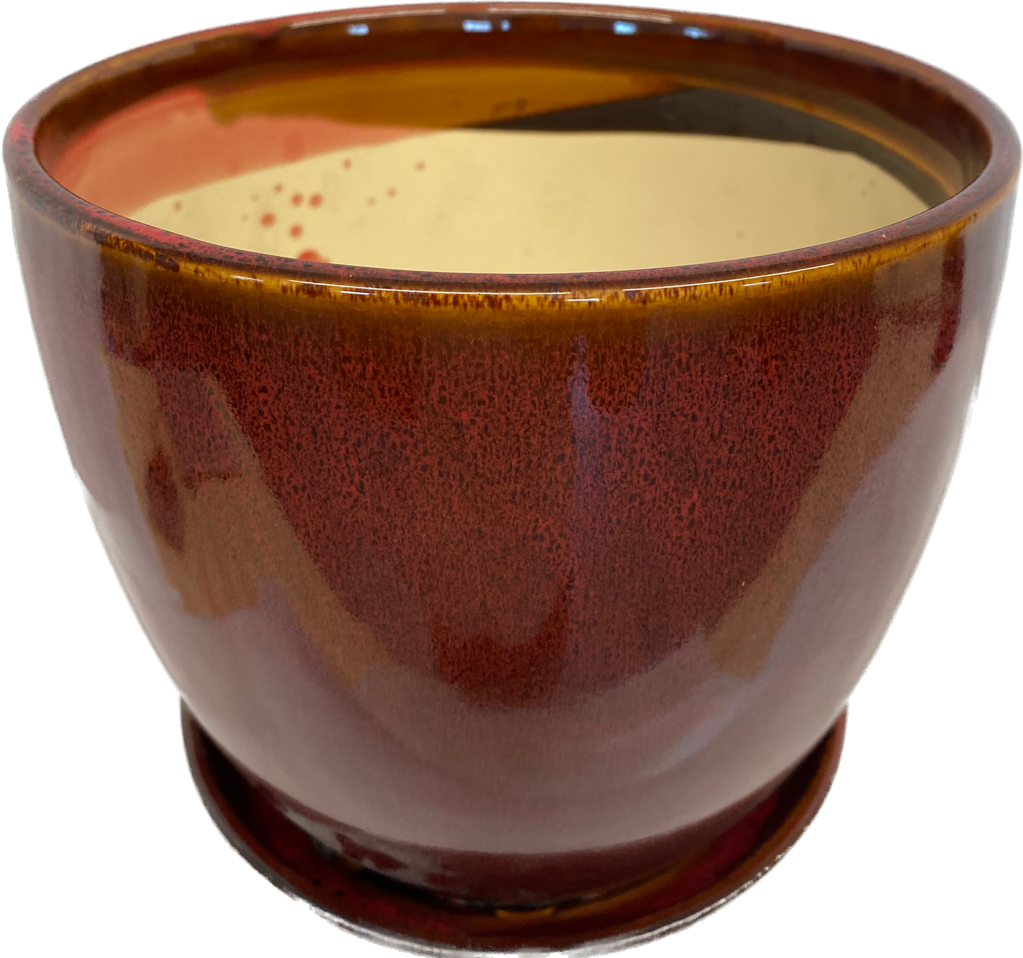 BELL FLORAL GLAZED POT WITH SAUCER - RED