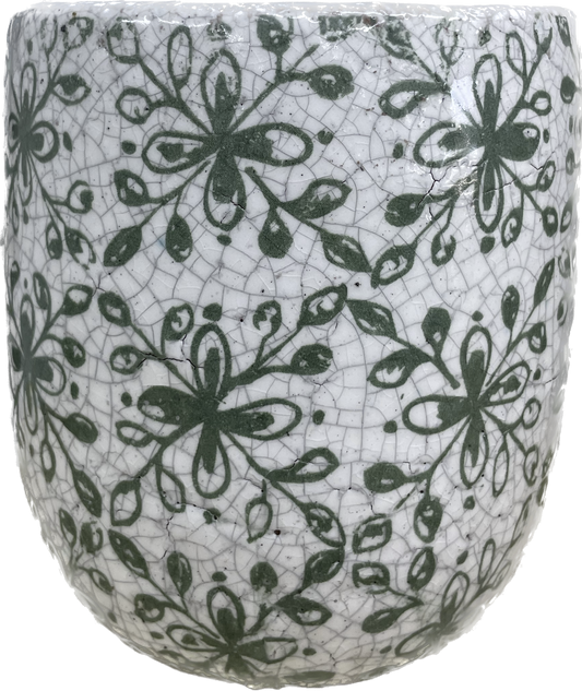 5IN ABBY FLORAL EGG, FLORAL GLAZED PLANTER - GREEN & WHITE