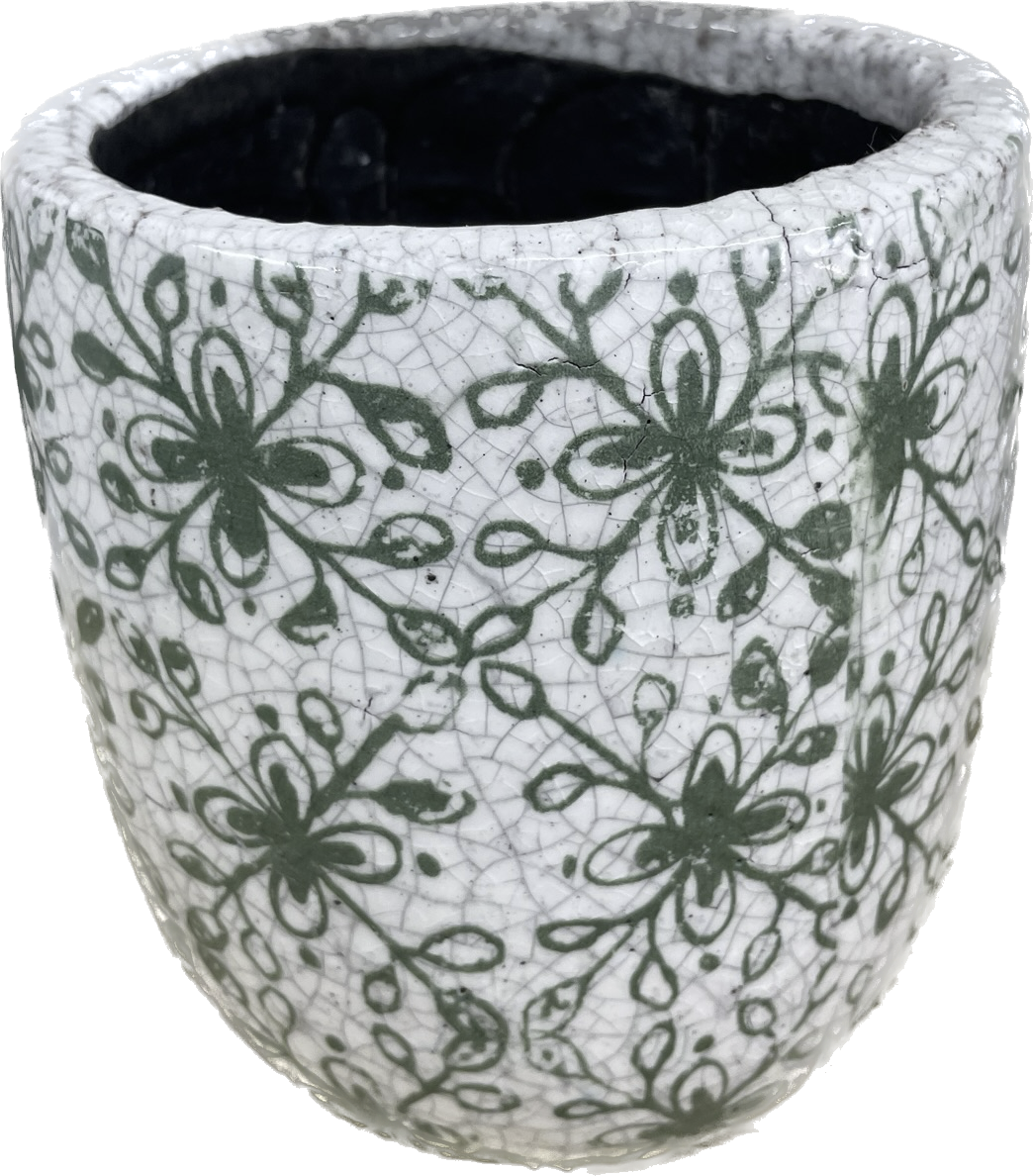 5IN ABBY FLORAL EGG, FLORAL GLAZED PLANTER - GREEN & WHITE