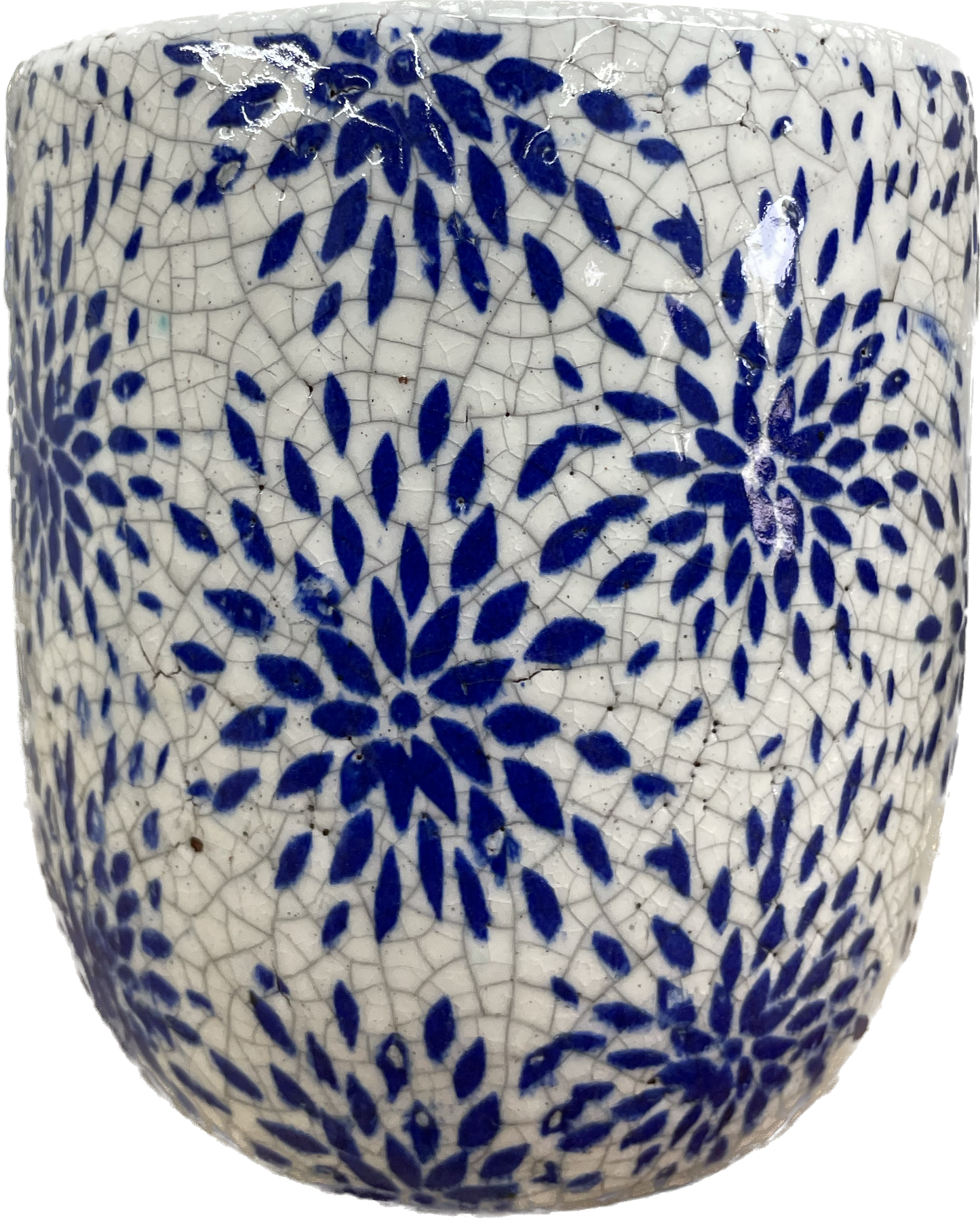 5IN FLORAL FIREWORK EGG FLORAL GLAZED PLANTER - BLUE & WHITE