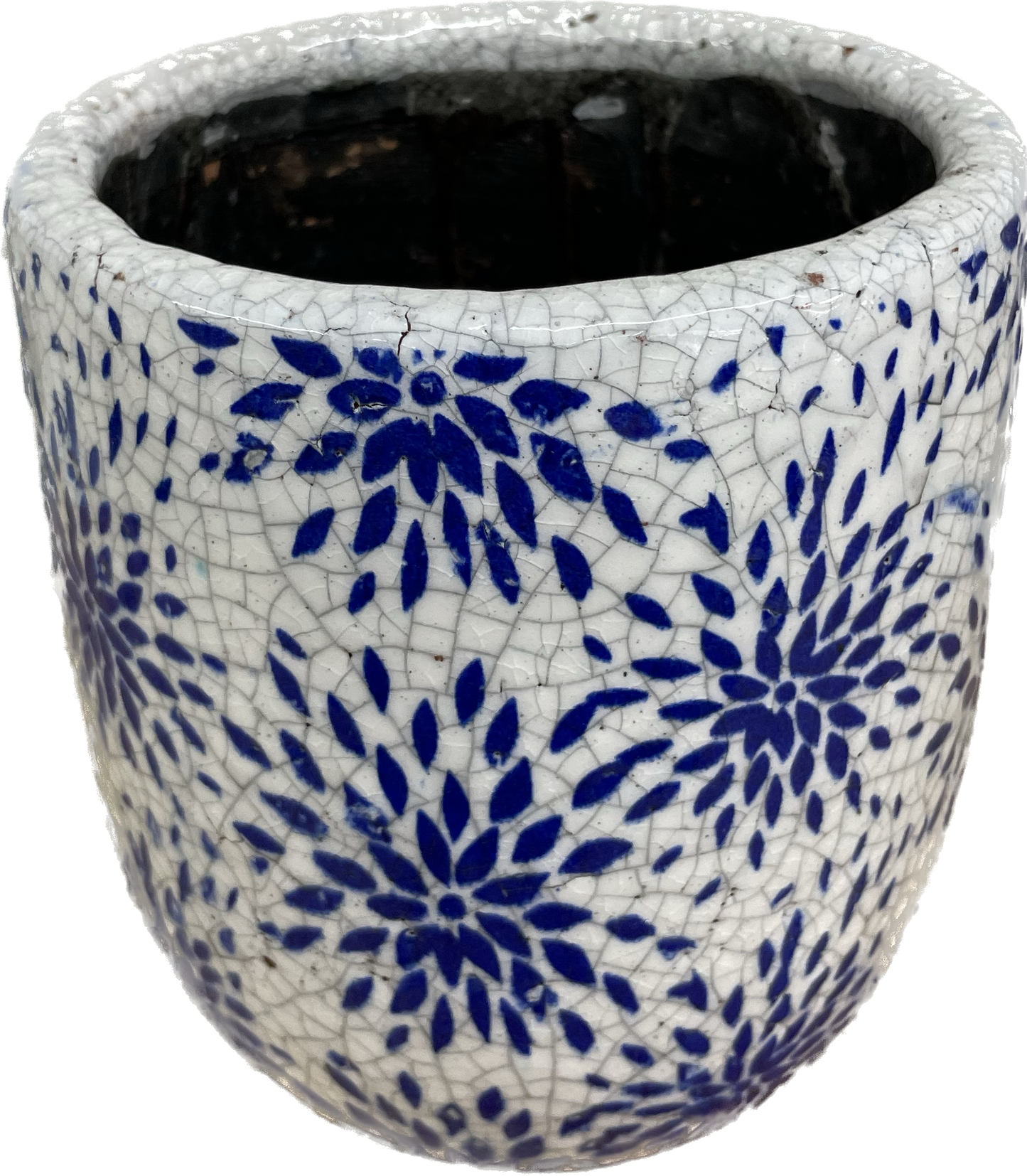 5IN FLORAL FIREWORK EGG FLORAL GLAZED PLANTER - BLUE & WHITE