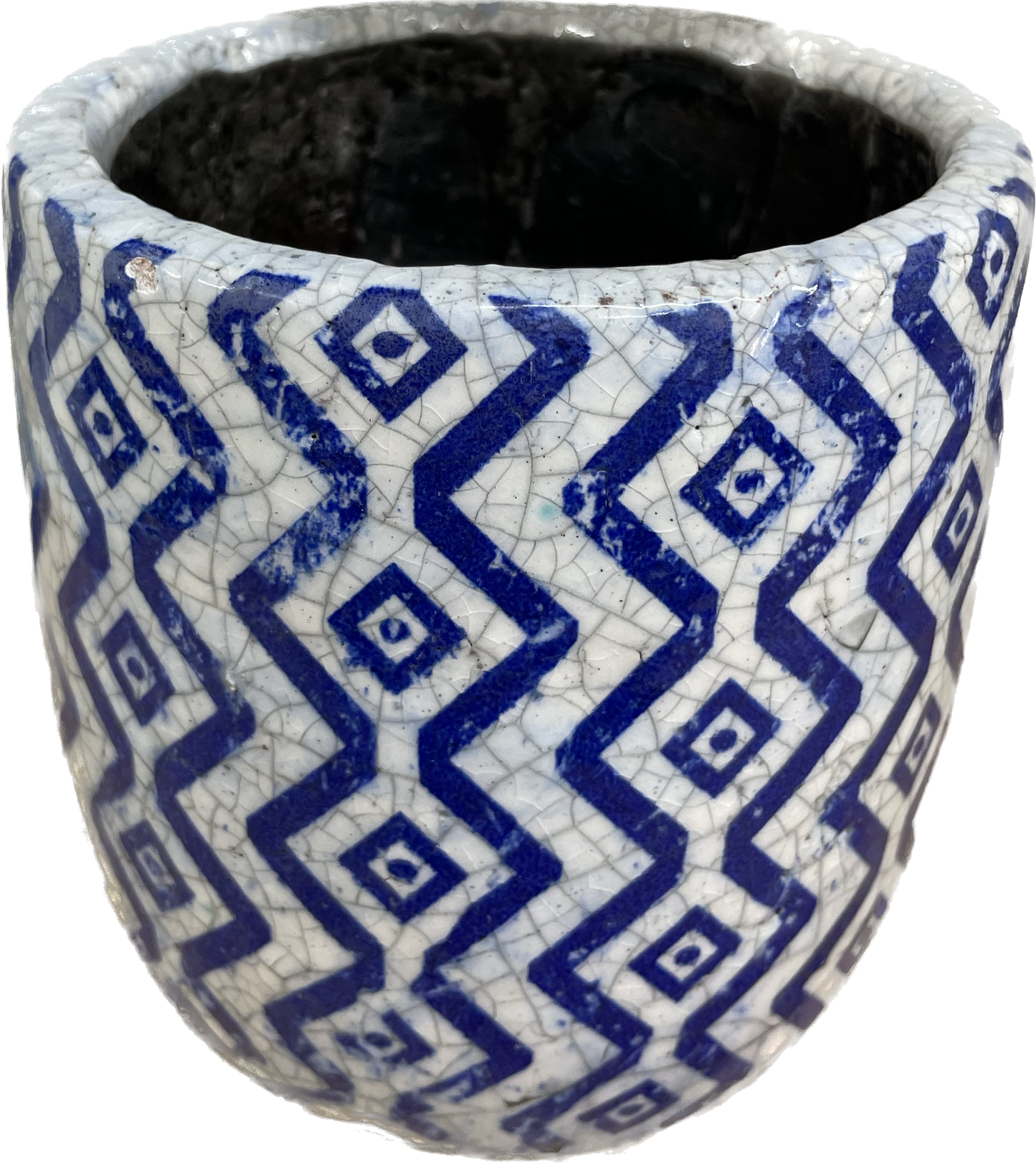 5IN ZIG ZAG EGG FLORAL GLAZED PLANTER - BLUE & WHITE