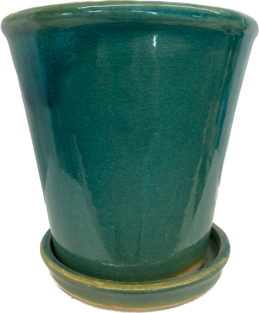 TAPERED FLORAL GLAZED CYLINDER POT WITH SAUCER - GREEN