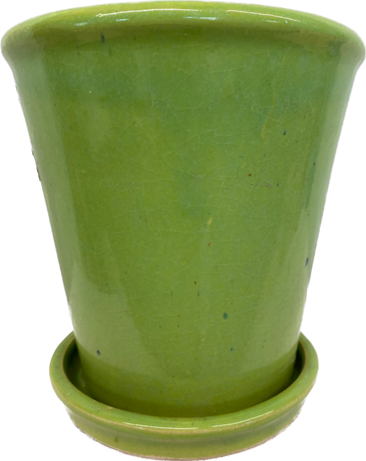 TAPERED FLORAL GLAZED CYLINDER POT WITH SAUCER - LIME GREEN