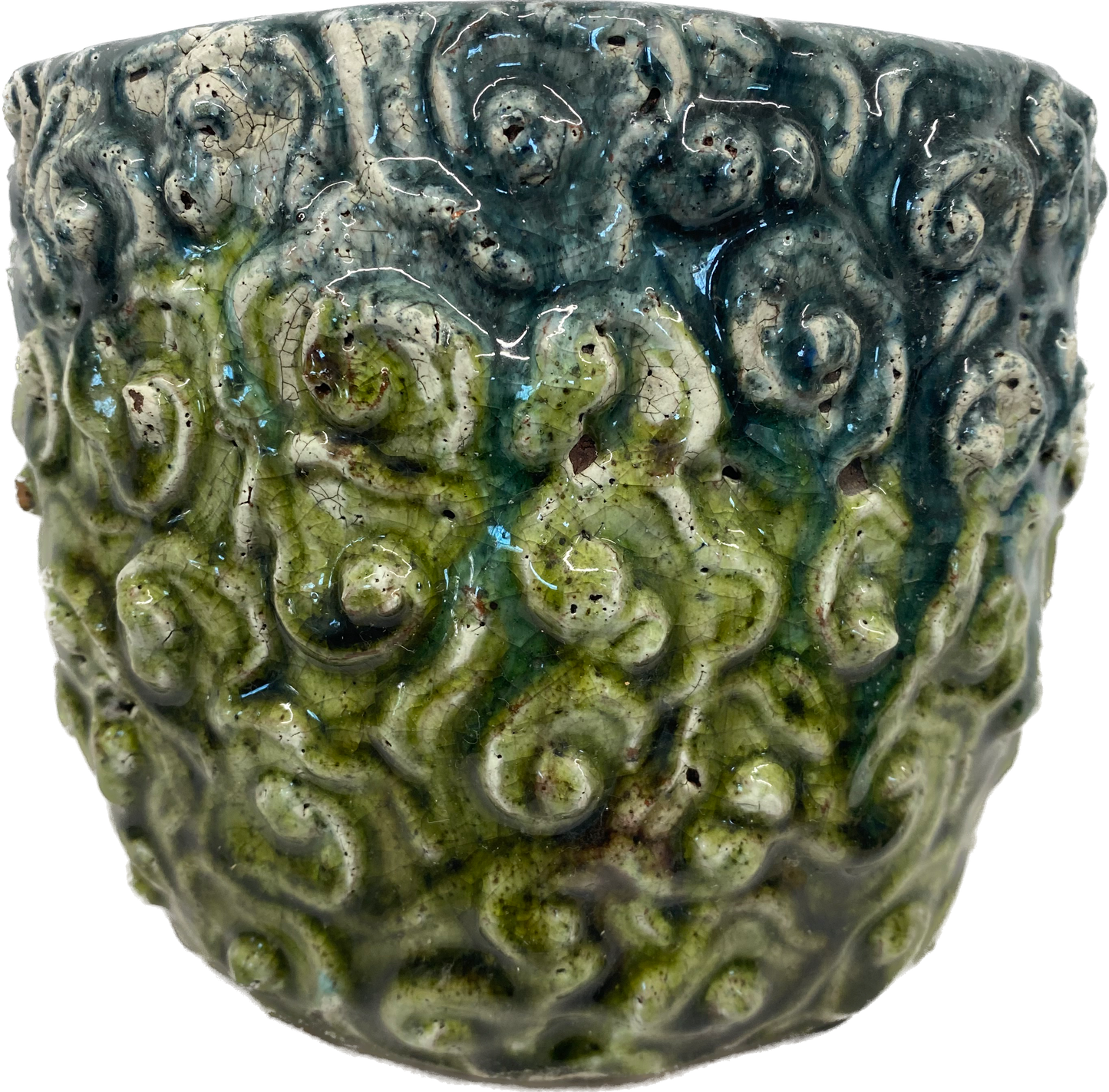 LEGONA FLORAL GLAZED POT, LARGE - EARTH GREEN