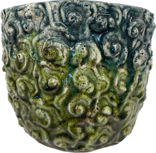 LEGONA FLORAL GLAZED POT, LARGE - EARTH GREEN