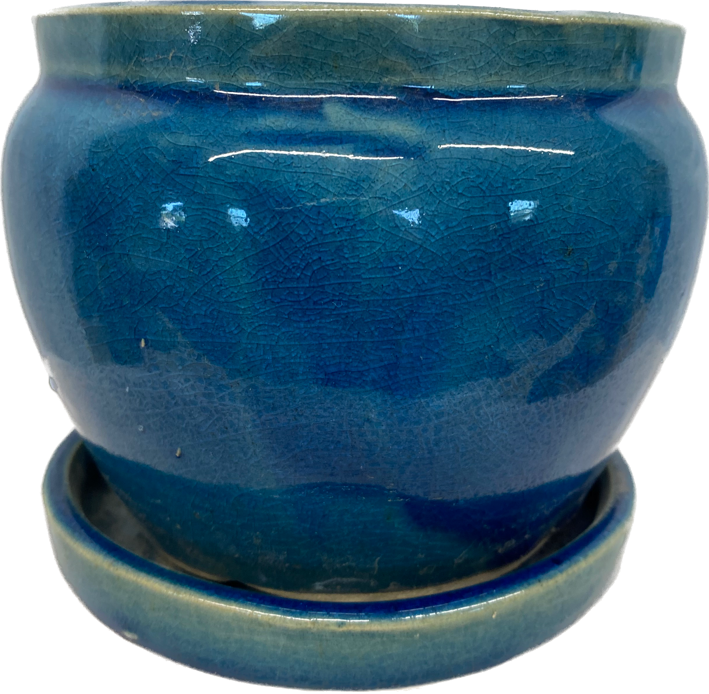 HANOVER FLORAL GLAZED POT WITH SAUCER - CRACKLE NAVY BLUE