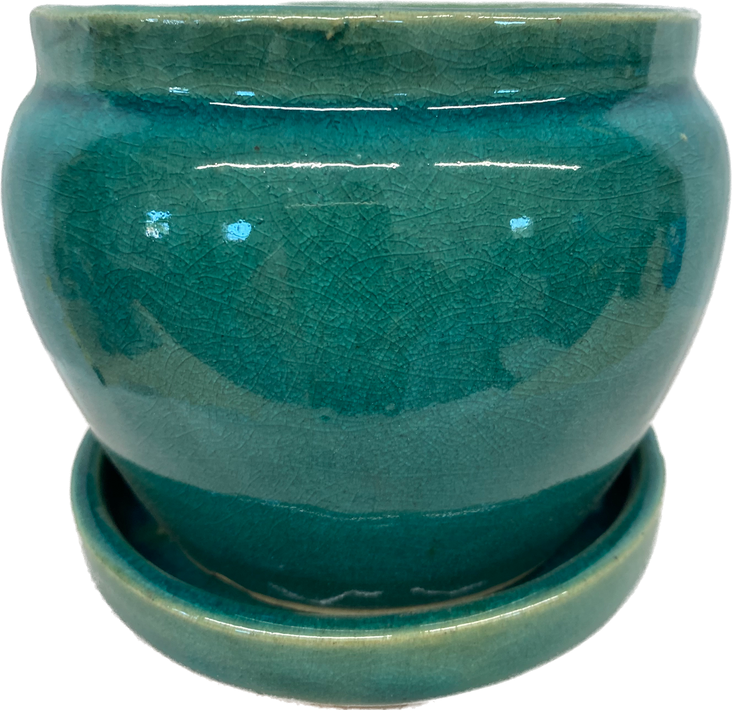 HANOVER FLORAL GLAZED POT WITH SAUCER - CRACKLE BLUE