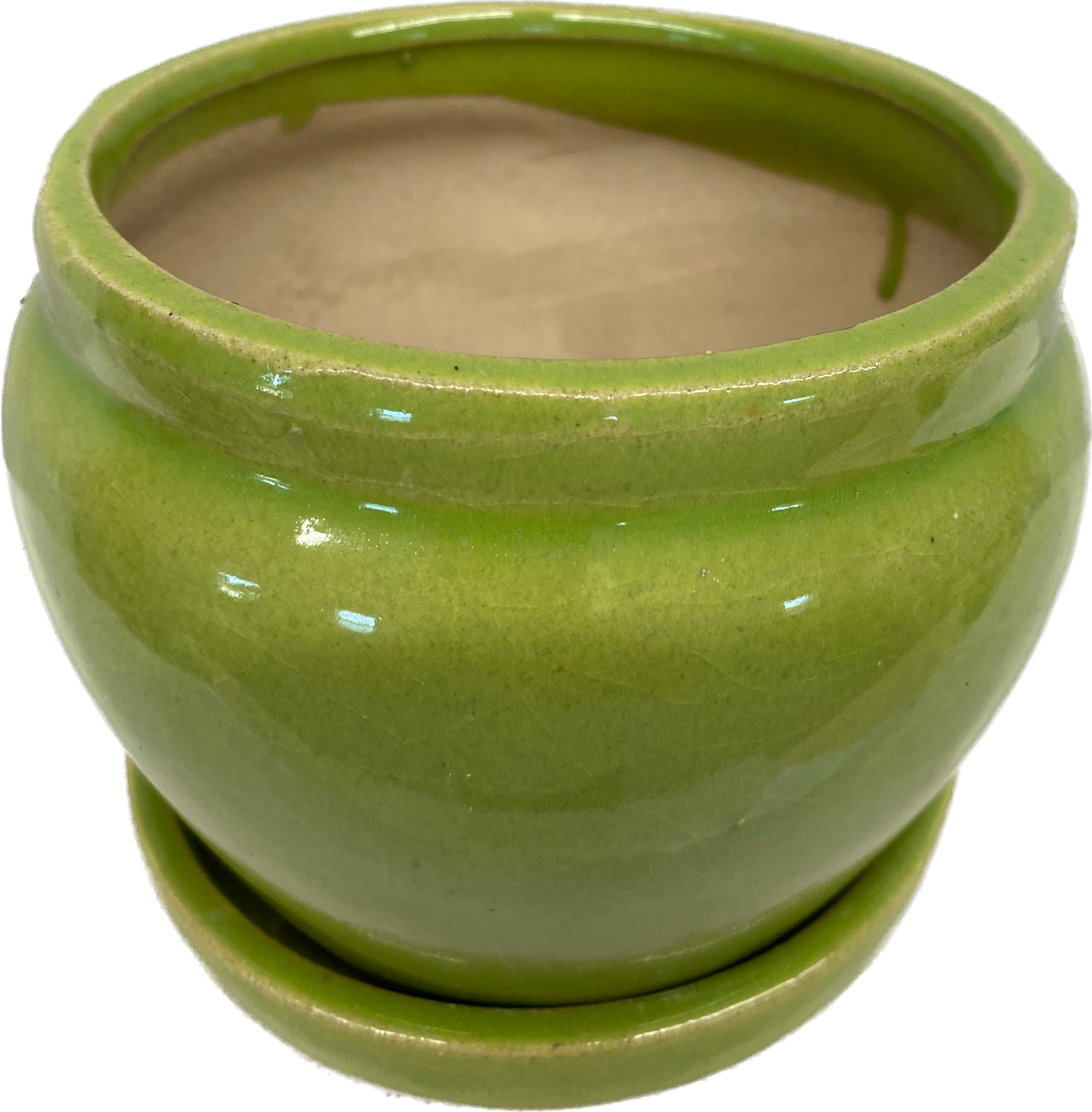 HANOVER FLORAL GLAZED POT WITH SAUCER - LIME GREEN