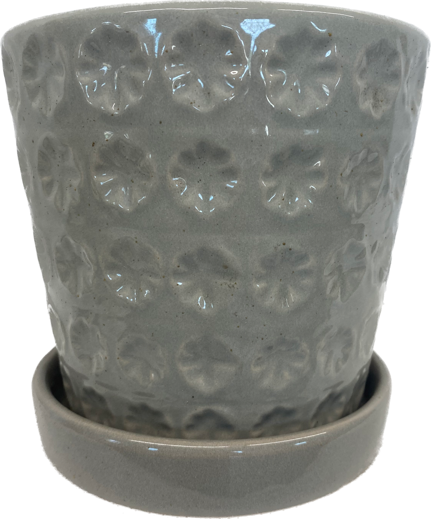 PRINTING FLORAL GLAZED POT WITH SAUCER, SMALL - GREY