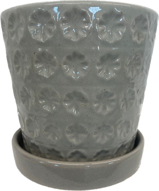 PRINTING FLORAL GLAZED POT WITH SAUCER, SMALL - GREY