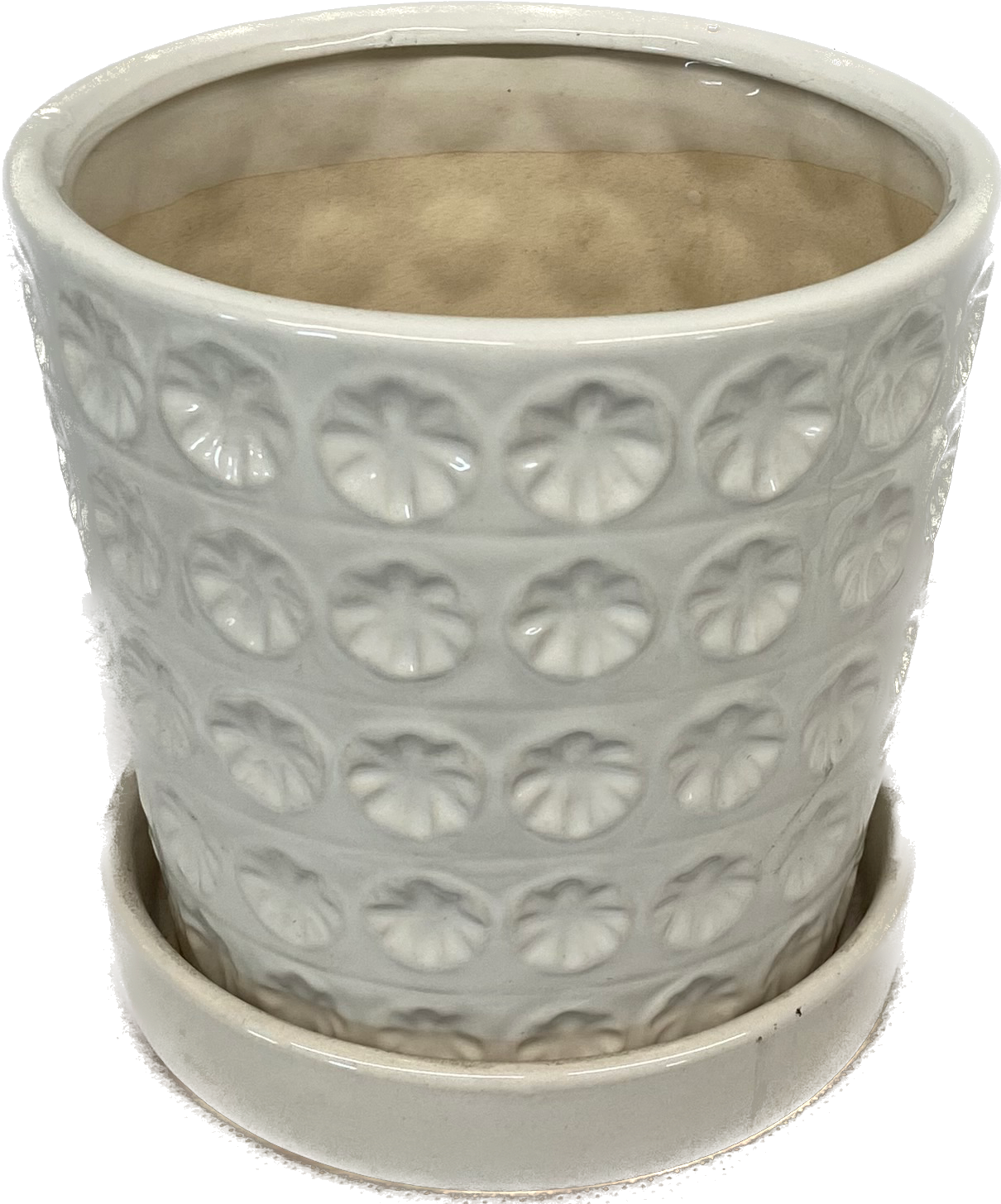 Printing Floral Glazed Pot With Saucer - White