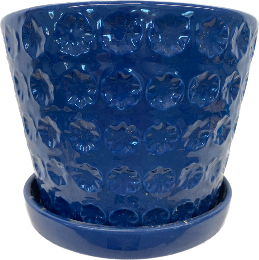 PRINTING FLORAL GLAZED POT WITH SAUCER, LARGE - BLUE