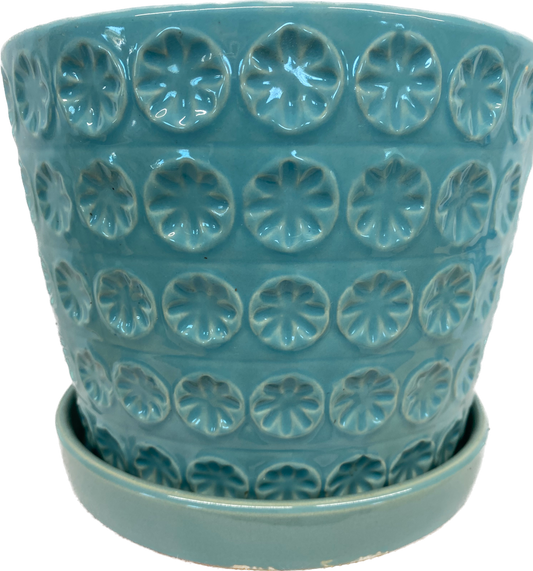 PRINTING FLORAL GLAZED POT WITH SAUCER - TURQUOISE