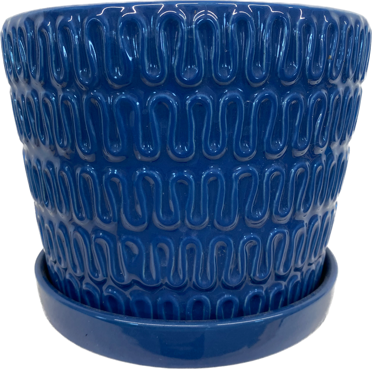 WAVE FLORAL GLAZED POT WITH SAUCER, LARGE - BLUE