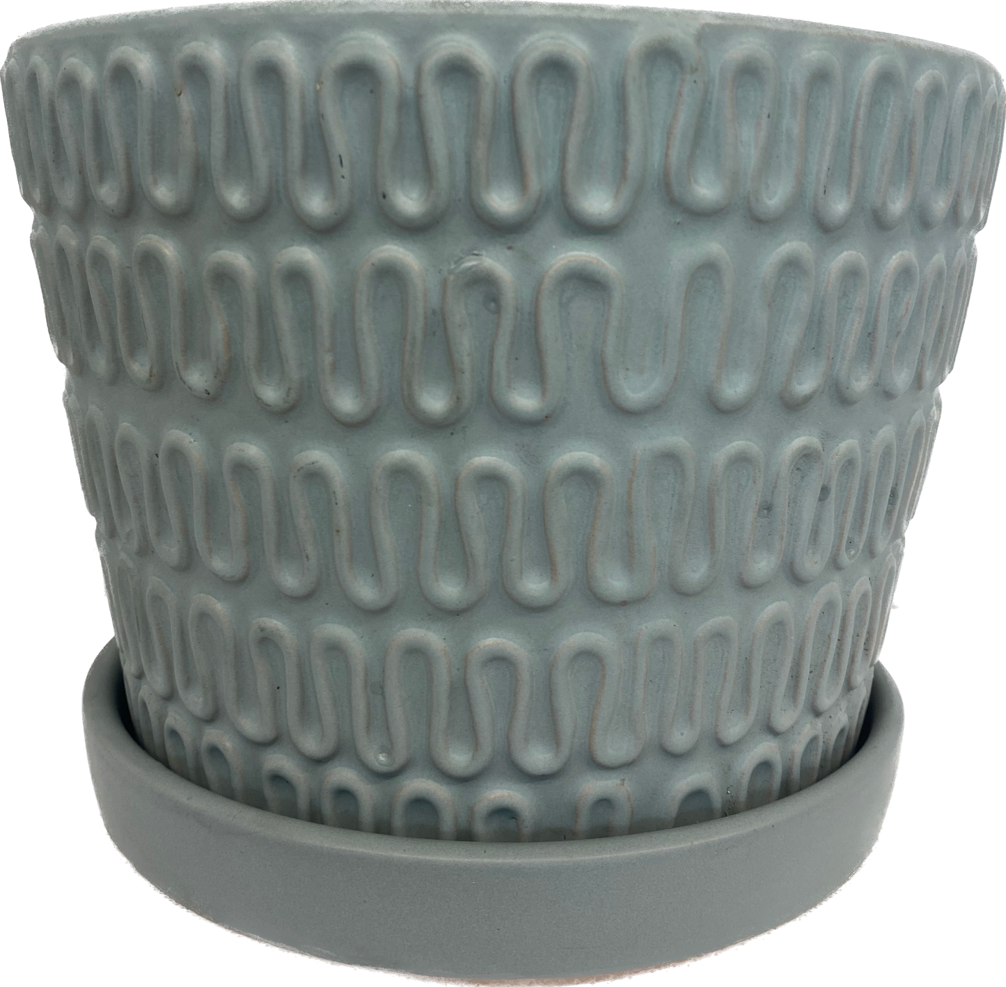 WAVE FLORAL GLAZED POT WITH SAUCER, LARGE - MATTE GREY