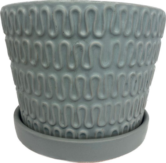 WAVE FLORAL GLAZED POT WITH SAUCER, LARGE - MATTE GREY