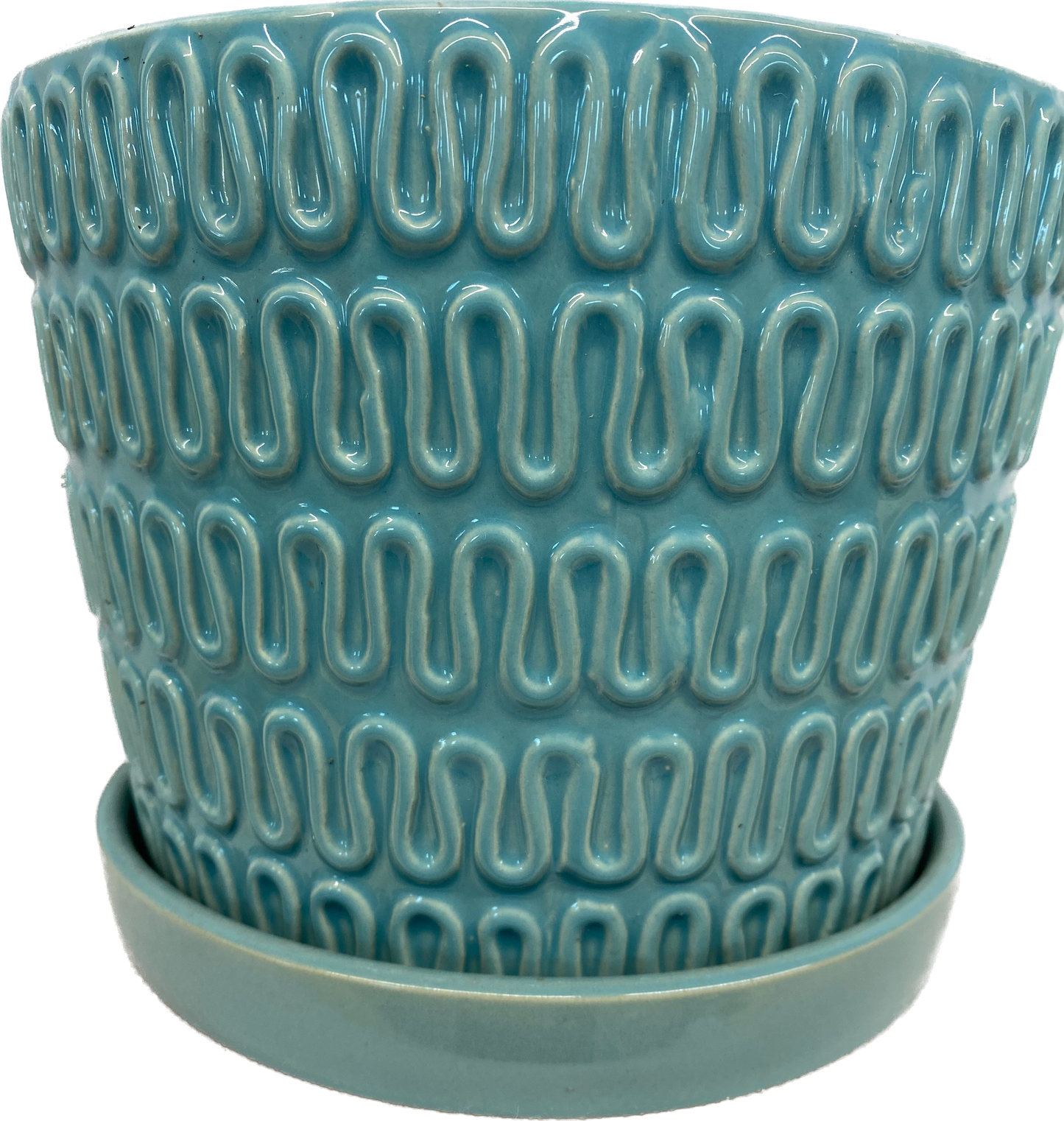 WAVE FLORAL GLAZED POT W SAUCER - TURQUOISE