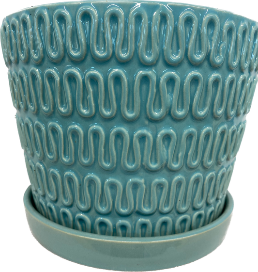 WAVE FLORAL GLAZED POT W SAUCER - TURQUOISE