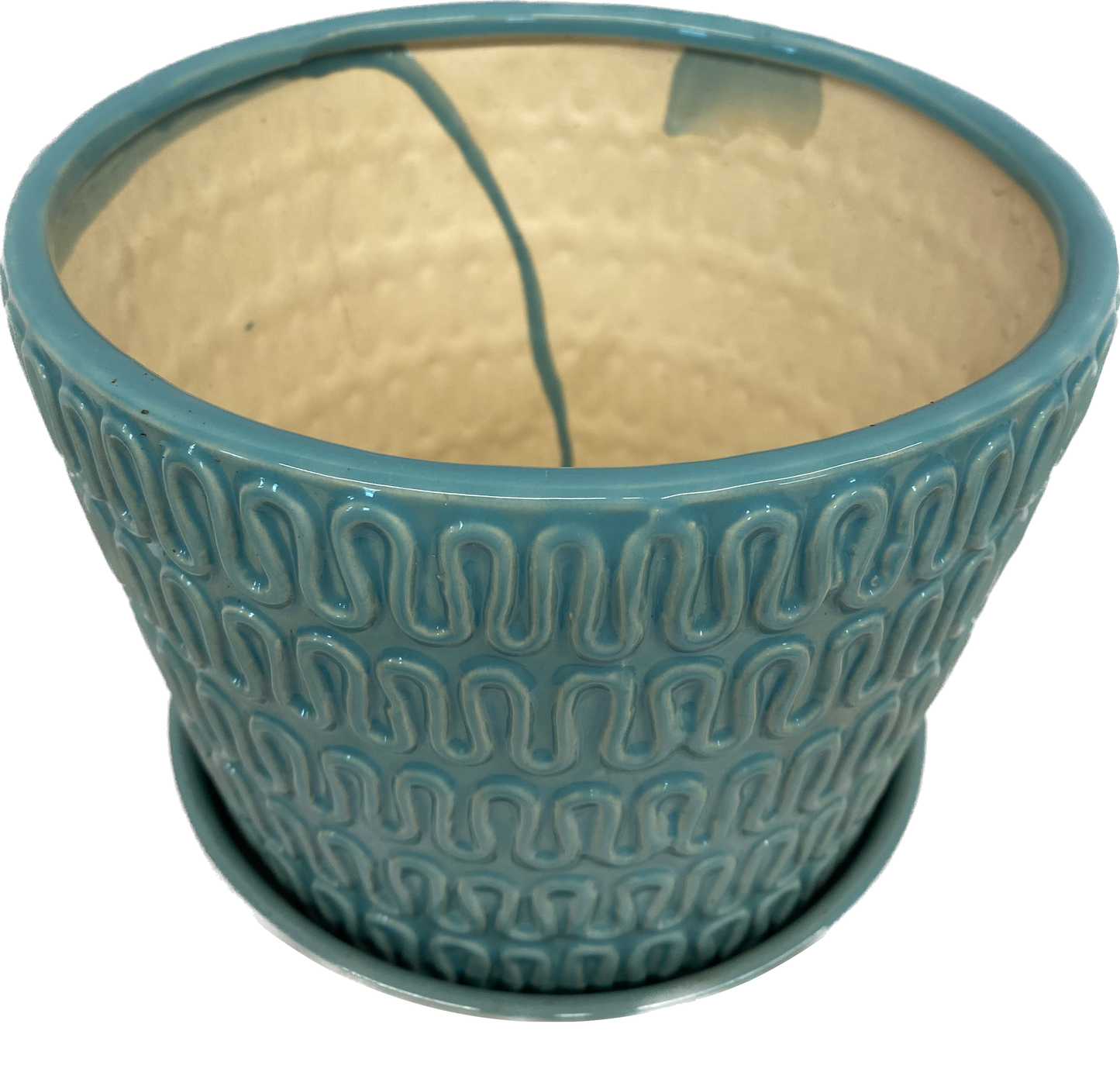 WAVE FLORAL GLAZED POT W SAUCER - TURQUOISE