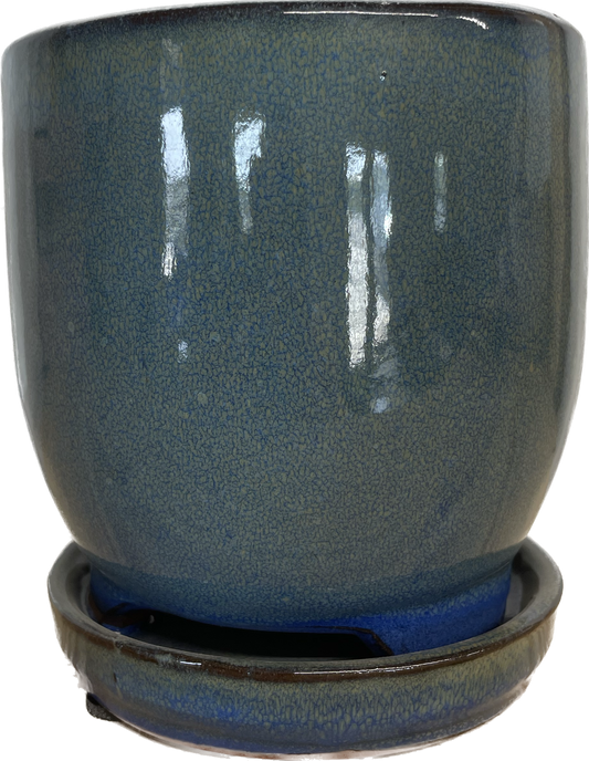 5IN AVALON FLORAL GLAZED POT WITH SAUCER - LAKEWAY BLUE