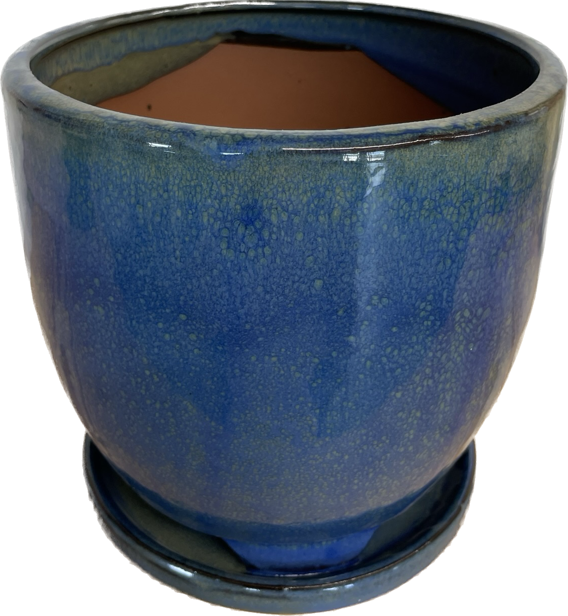 7IN AVALON FLORAL GLAZED POT WITH SAUCER, LARGE - LAKEWAY BLUE