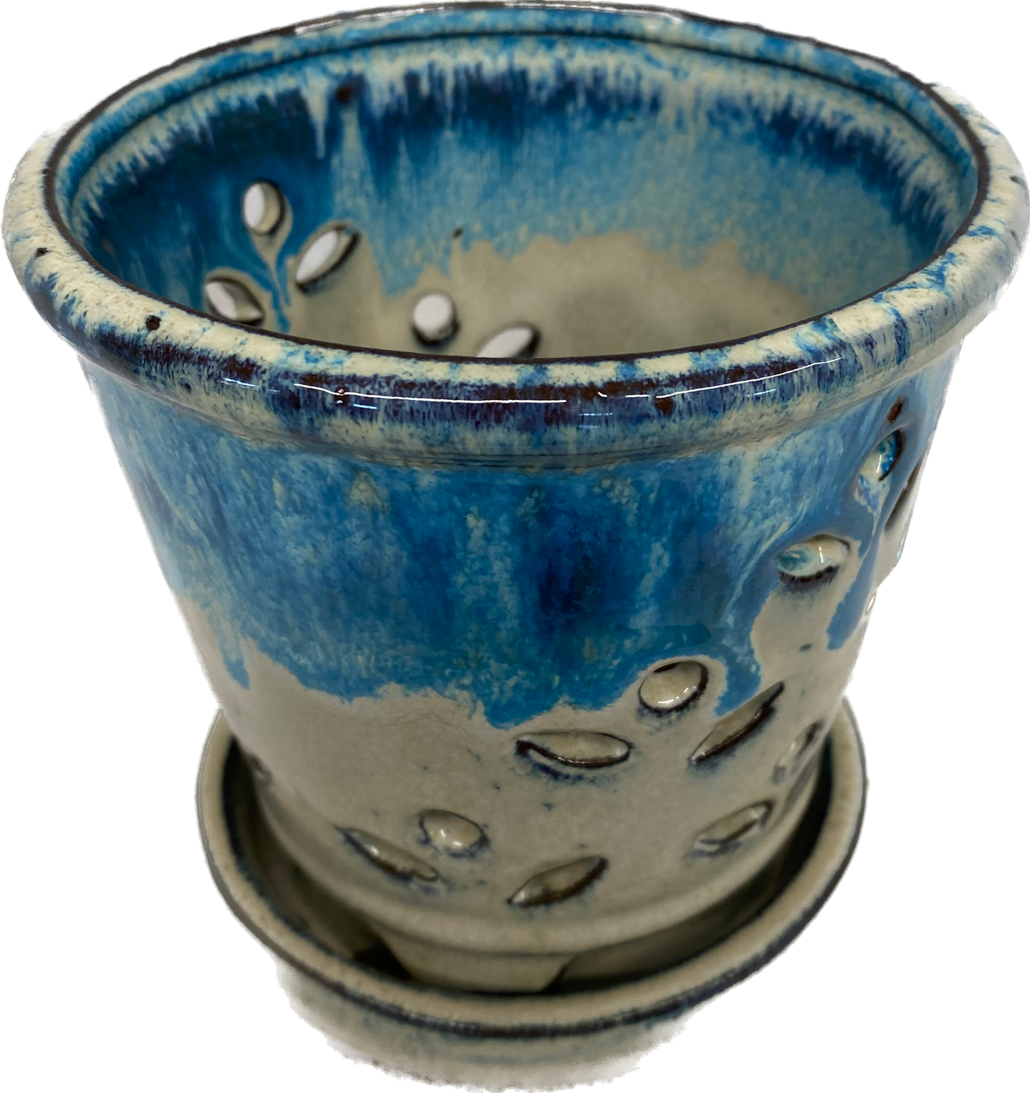 6IN KAI ORCHID FLORAL GLAZED POT WITH SAUCER - BLUE