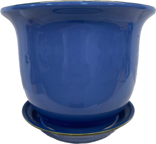 LIPPED FLORAL GLAZED POT WITH SAUCER - BLUE