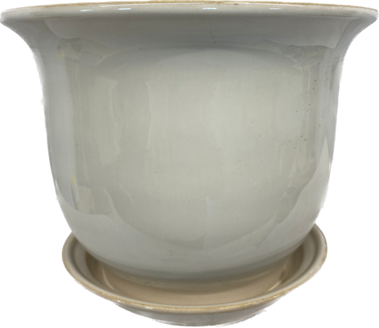 LIPPED FLORAL GLAZED POT WITH SAUCER - CREAM WHITE