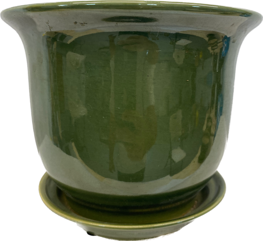 LIPPED FLORAL GLAZED POT W SAUCER - FIELD GREEN