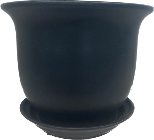 LIPPED FLORAL GLAZED POT WITH SAUCER - MATTE BLACK