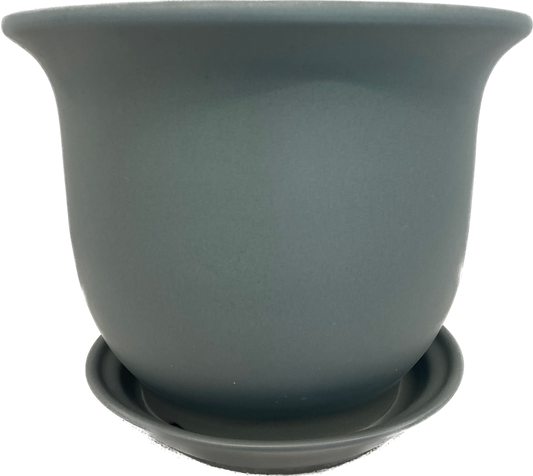 LIPPED FLORAL GLAZED POT WITH SAUCER - MATTE LIGHT GREY