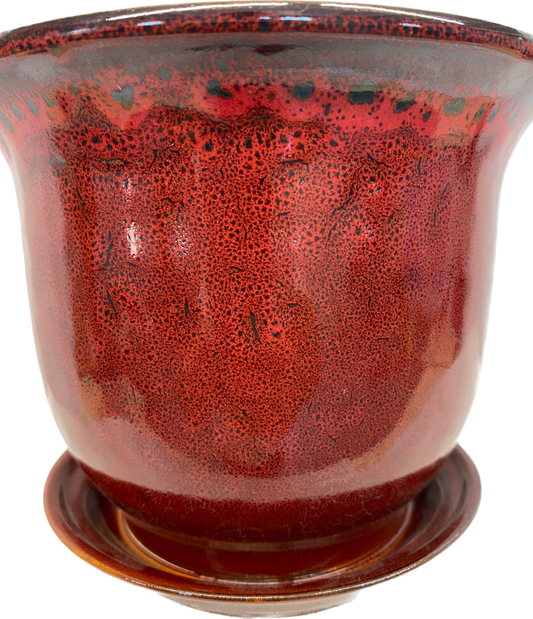 LIPPED FLORAL GLAZED POT WITH SAUCER - RED