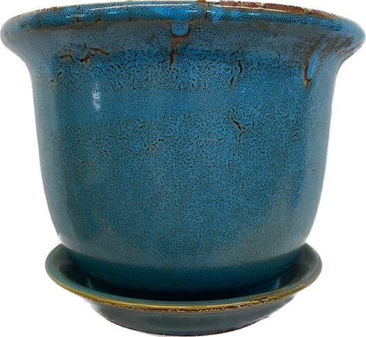 LIPPED FLORAL GLAZED POT WITH SAUCER - BLUE