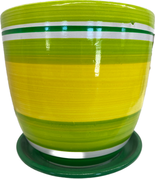 6IN SUNSHINE FLORAL GLAZED POT - YELLOW AND GREEN