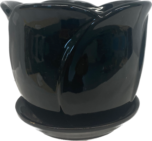 TULIP FLORAL GLAZED POT WITH SAUCER - BLACK