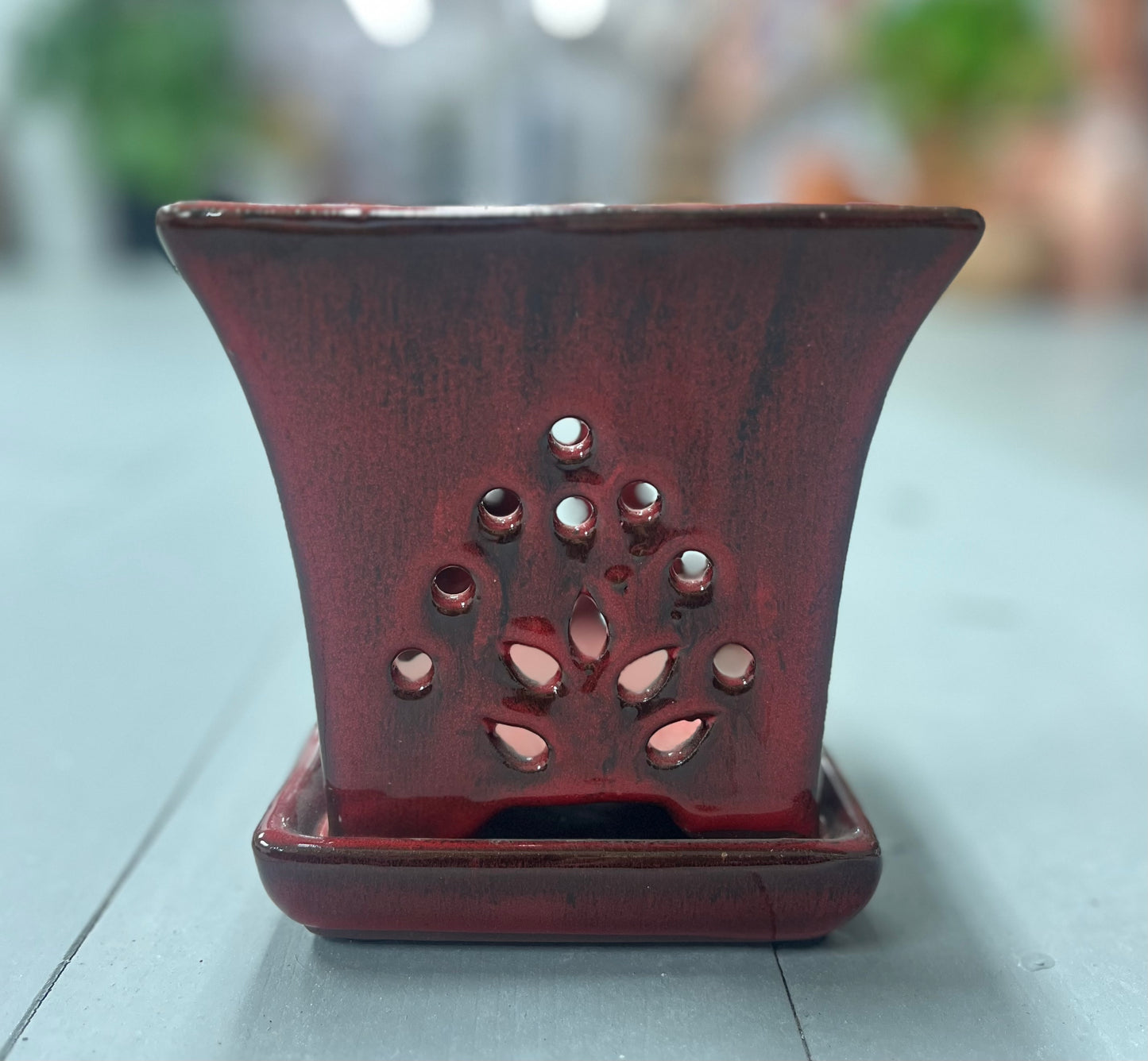 SQUARE ORCHID FLORAL GLAZED POT WITH SAUCER - TROPICAL RED